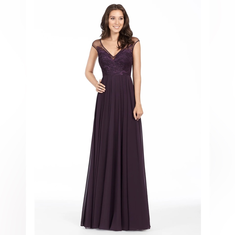 Hayley Paige Occasions 5750 Bridesmaid Gown Size 10 Plum Chiffon Lace Bodice